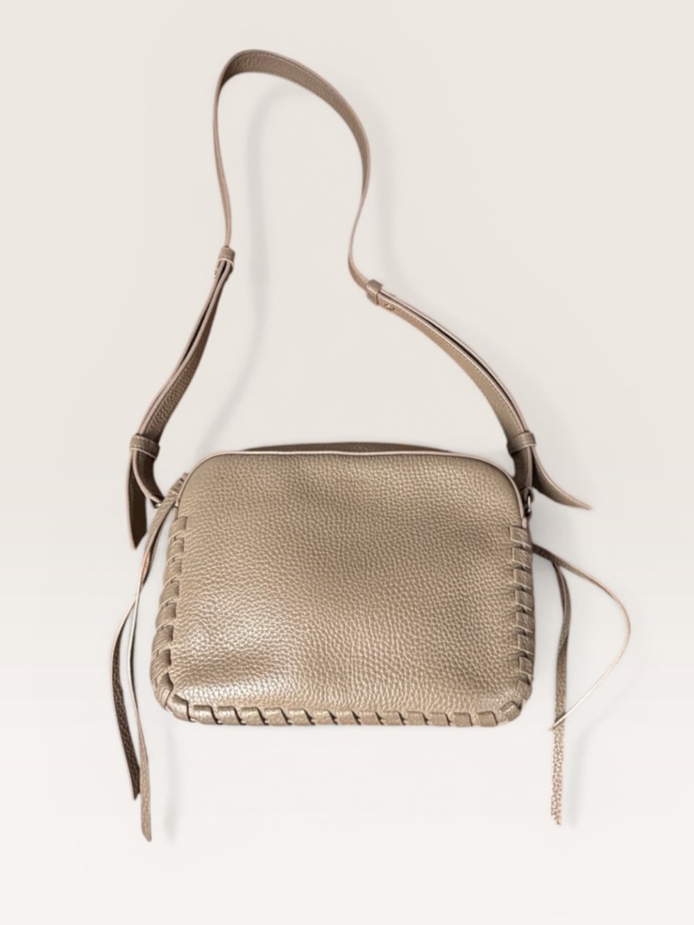 AllSaints Taupe Pebbled Leather Woven Crossbody Shoulder Bag